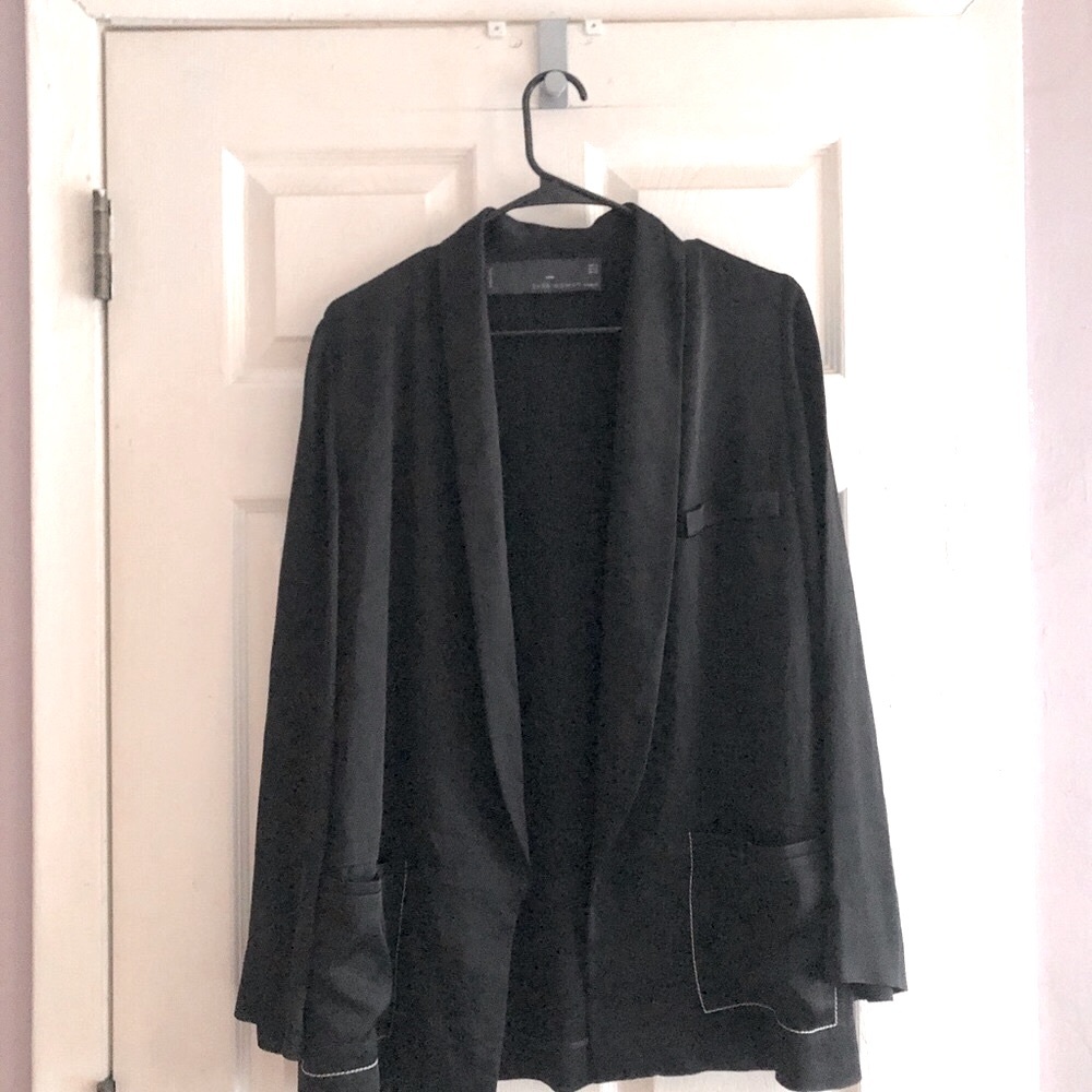 Zara Studio Blazer Made in Spain Black Satin White Stitching Relaxed Fit sz M